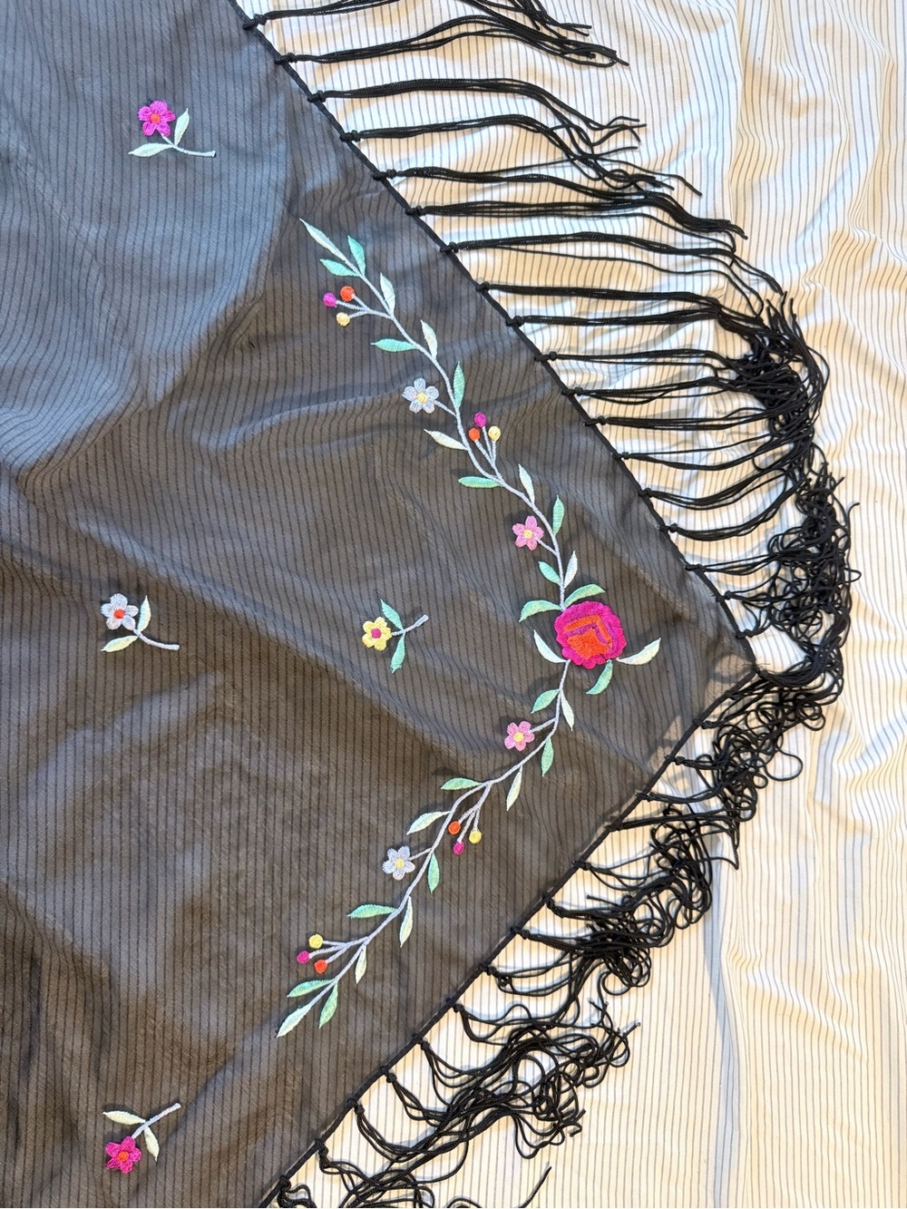 Black Floral Embroidered Fringe Scarf - Women's Lightweight Wrap